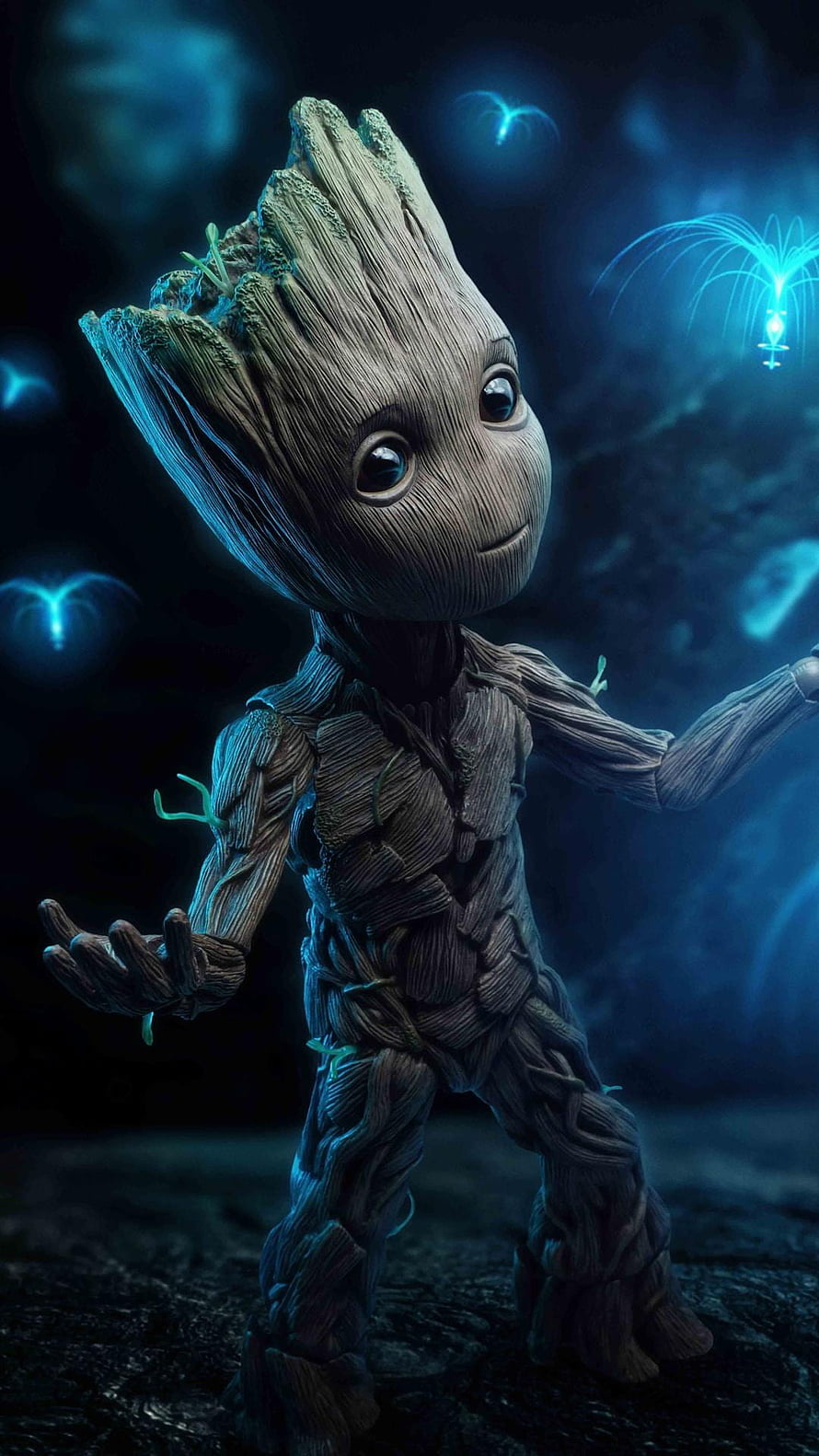 Baby Groot from Guardians of the Galaxy in a Mystical Blue Forest Setting HD phone wallpaper