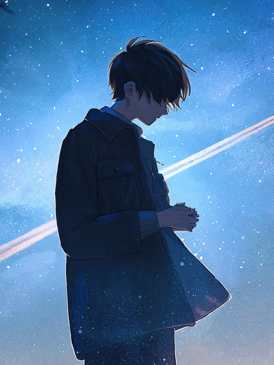 Anime Boy Standing Alone Under Starry Night Sky With Shooting Star HD phone wallpaper