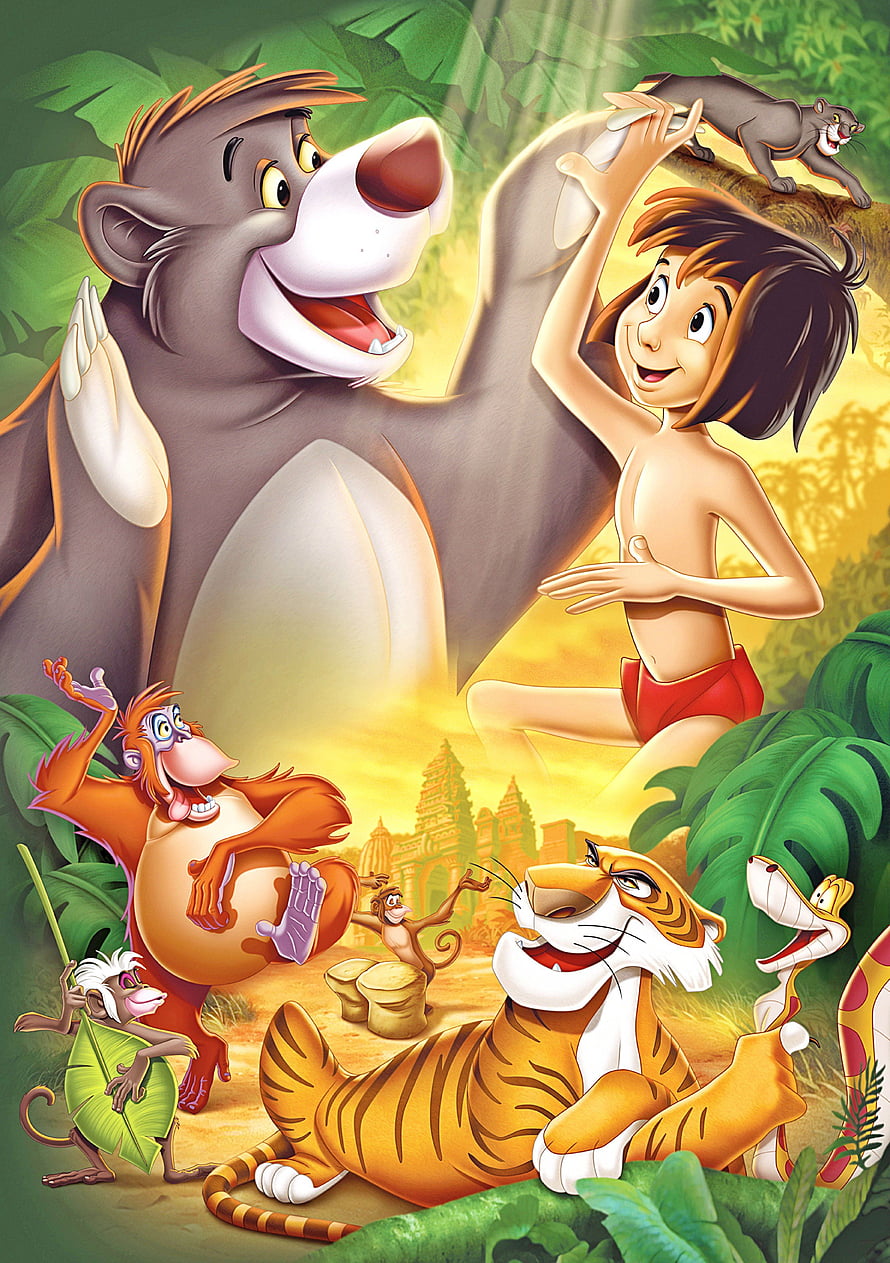 Disney The Jungle Book Animated Poster Featuring Mowgli, Baloo, Bagheera, Shere Khan, and King Louie in a Lush Jungle Setting HD phone wallpaper