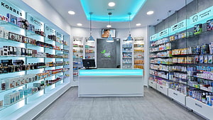 Modern Pharmacy Interior Design With Blue LED Lighting And Glass Shelves HD wallpaper