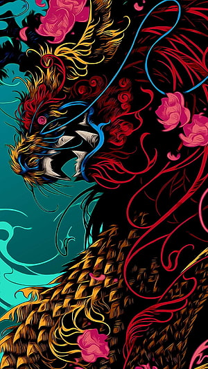 Vibrant Japanese Dragon Illustration with Neon Accents and Floral Elements HD phone wallpaper