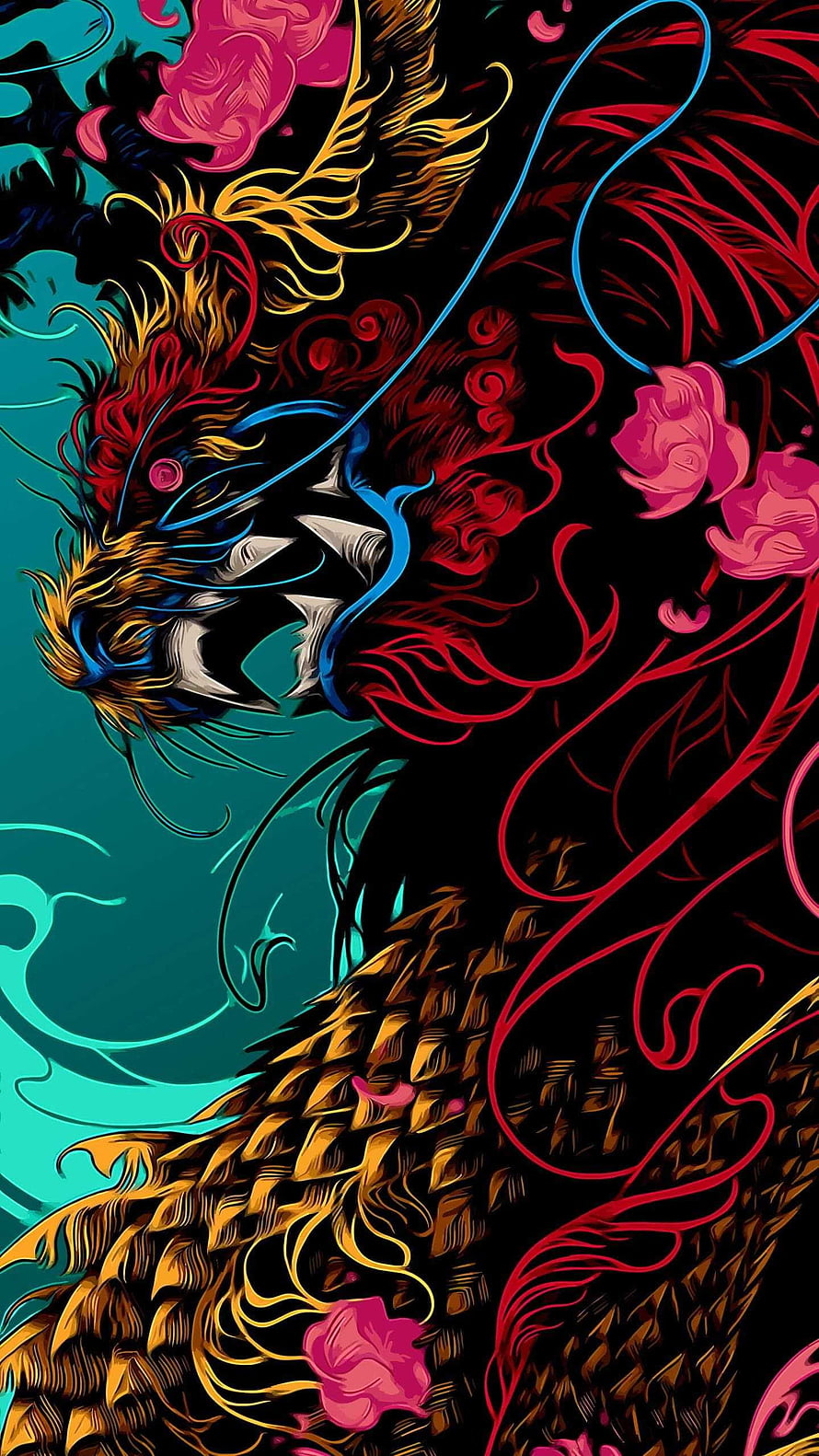 Vibrant Japanese Dragon Illustration with Neon Accents and Floral Elements HD phone wallpaper