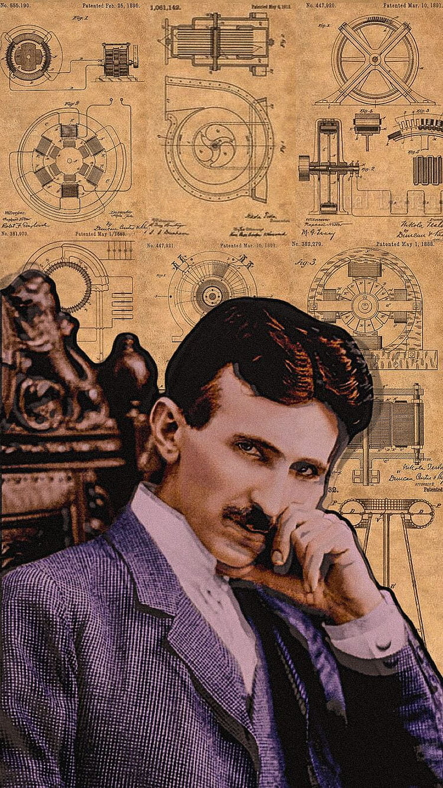 Nikola Tesla Portrait with Vintage Electrical Patent Blueprints and Schematic Diagrams HD phone wallpaper