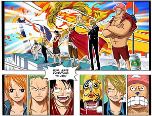 One Piece Straw Hat Pirates Standing on Enies Lobby Rooftop with Flags HD wallpaper