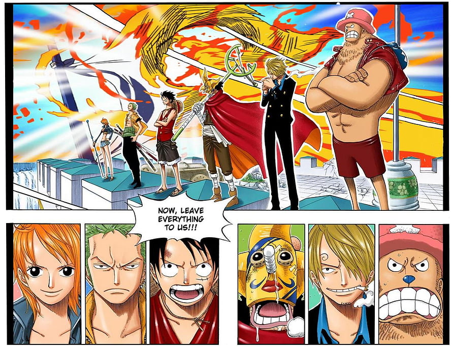 One Piece Straw Hat Pirates Standing on Enies Lobby Rooftop with Flags HD wallpaper