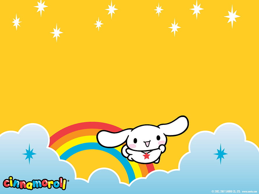 Cinnamoroll flying over a rainbow with clouds and stars on a bright yellow background HD wallpaper