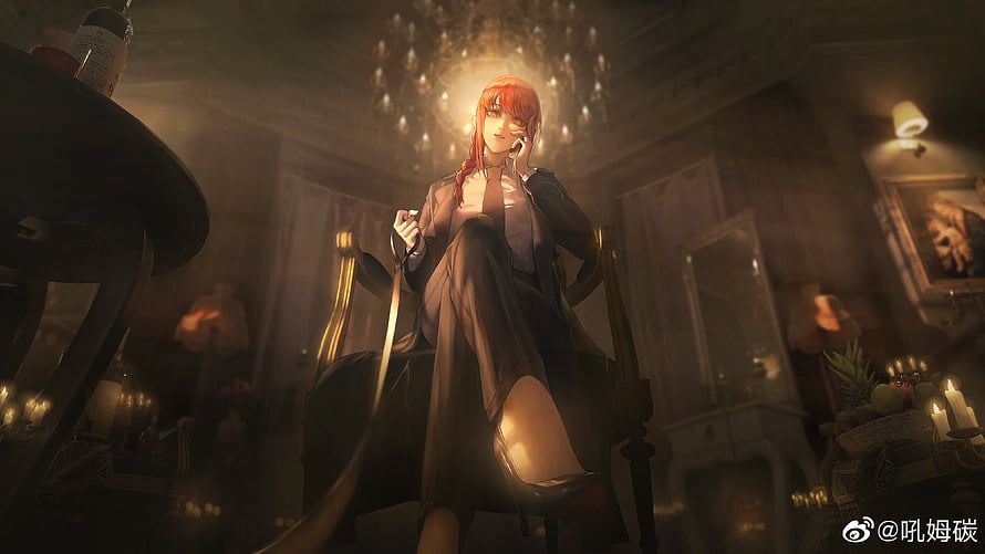 Makima from Chainsaw Man in a dimly lit room with a chandelier HD wallpaper