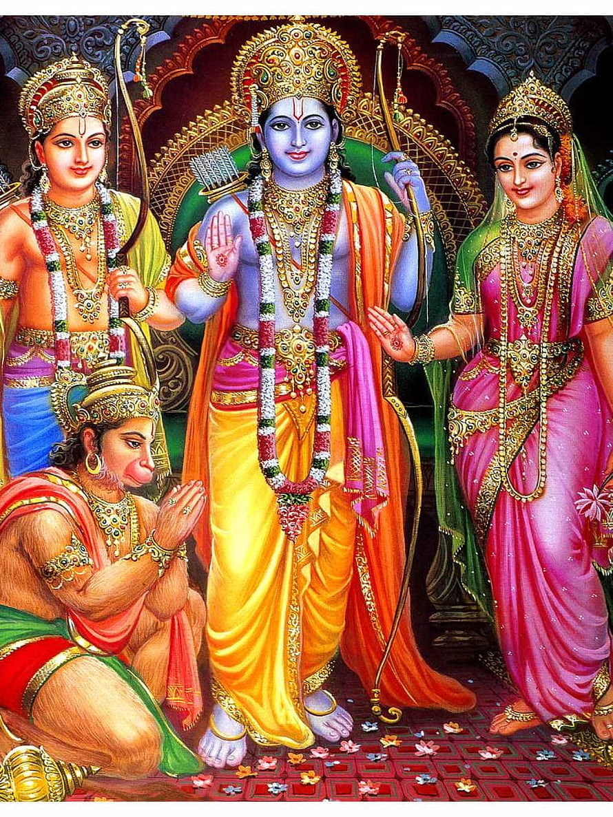 Shri Ram and Sita with Hanuman and Lakshman in Traditional Indian Art HD phone wallpaper