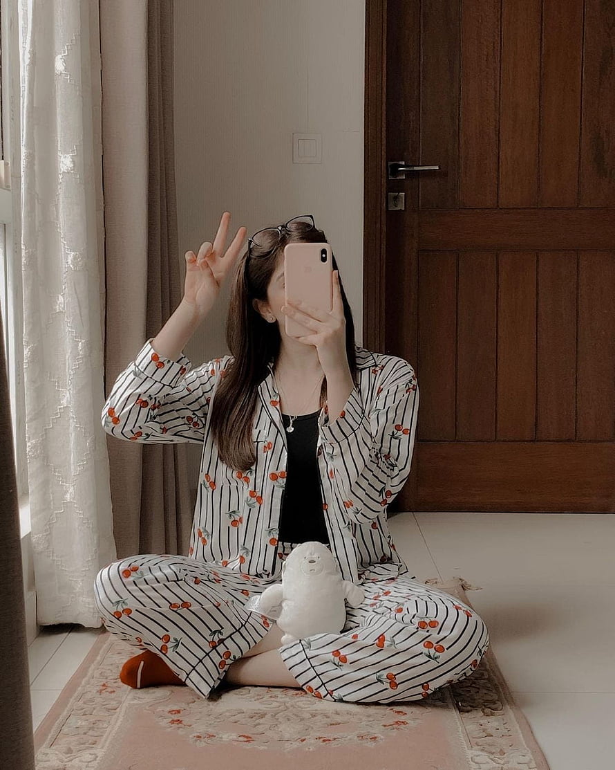 Woman in striped cherry pajamas taking a mirror selfie with a plush toy, Girl Hidden Face DP with Mobile in 2021, girl mobile hidden face HD phone wallpaper
