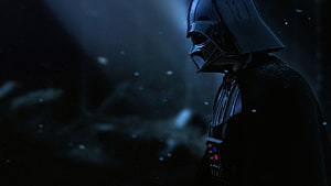 Darth Vader in Dark Blue Tones with Snowfall and Dramatic Side Profile Lighting HD wallpaper