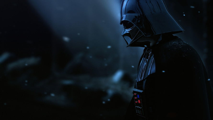 Darth Vader in Dark Blue Tones with Snowfall and Dramatic Side Profile Lighting HD wallpaper