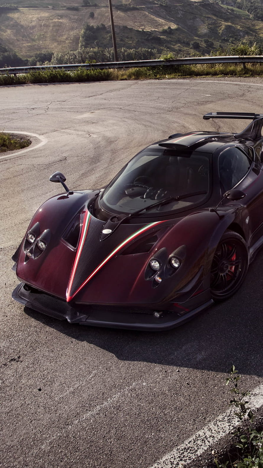 Pagani Zonda R Hypercar on Mountain Road with Carbon Fiber Body and Italian Racing Stripes HD phone wallpaper