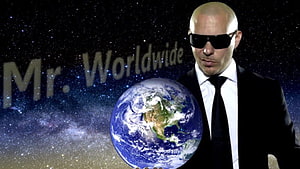 Mr. Worldwide in a black suit and sunglasses holding a globe against a starry space background HD wallpaper