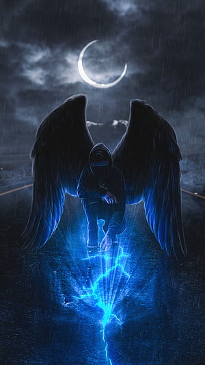 Mystic Hooded Angel with Dark Wings and Blue Lightning in Rainy Night HD phone wallpaper