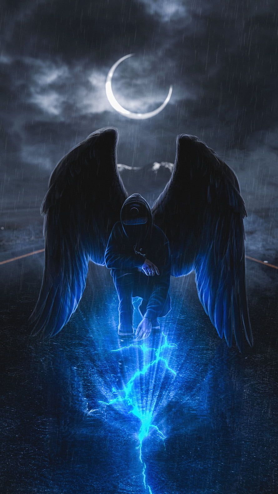 Mystic Hooded Angel with Dark Wings and Blue Lightning in Rainy Night HD phone wallpaper