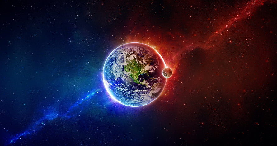 Earth and Moon in Vibrant Blue and Red Nebula Space Scene HD wallpaper
