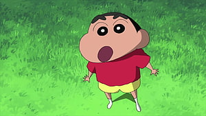 Crayon Shin-chan Anime Character Standing in Green Grass with Surprised Expression HD wallpaper