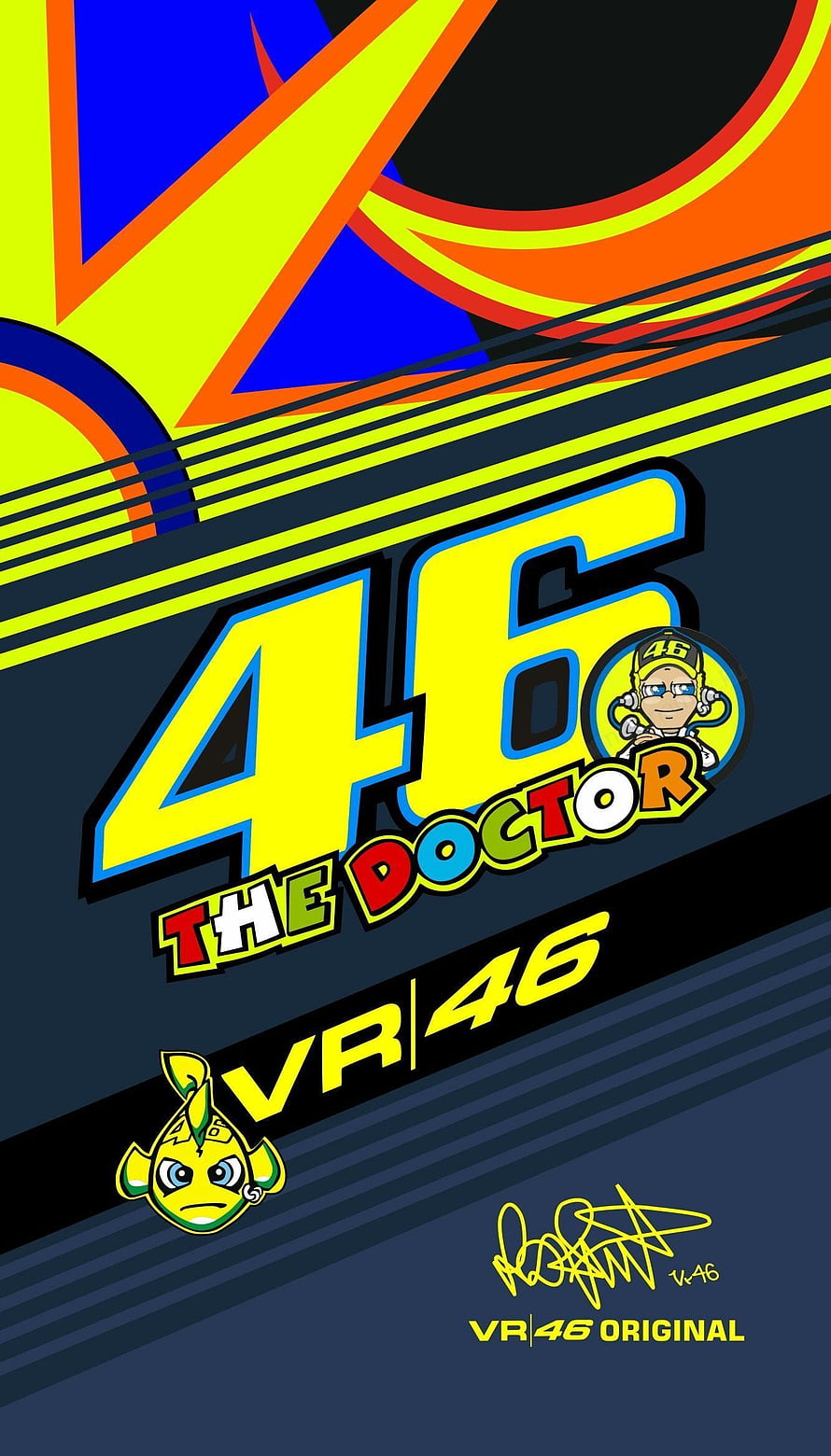 VR46 The Doctor 46 Racing Logo Graphic Design with Bold Yellow Typography and Abstract Geometric Background HD phone wallpaper