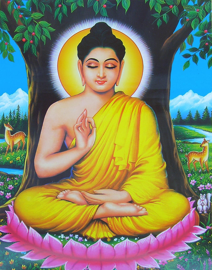 Siddhartha Gautama Buddha Meditating Under a Tree with Lotus and Deer HD phone wallpaper
