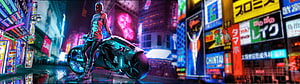 Cyberpunk Woman on Futuristic Motorcycle in Neon-Lit Japanese City Street HD wallpaper