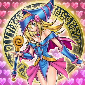 Dark Magician Girl in Blue and Pink Wizard Attire Holding a Golden Staff HD phone wallpaper