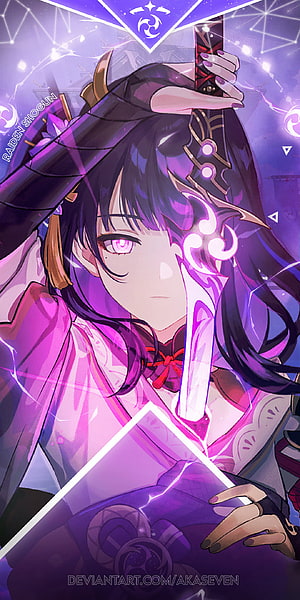 Raiden Shogun Genshin Impact Anime Character Artwork with Purple Lightning Effects HD phone wallpaper