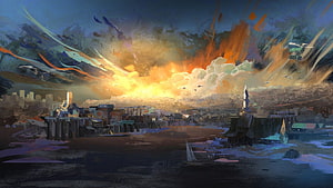 Disco Elysium Concept Art: Dramatic Cityscape with Fiery Sky and Waterfront HD wallpaper