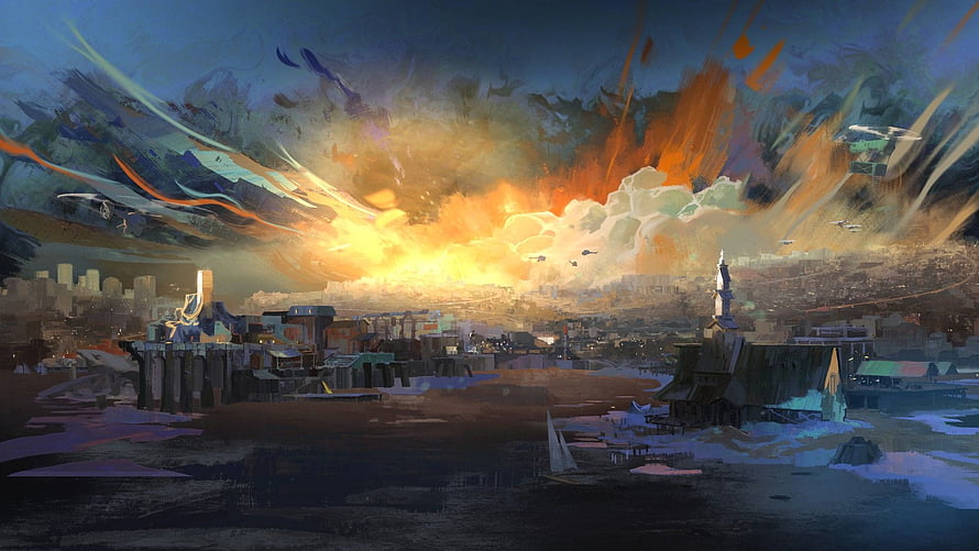Disco Elysium Concept Art: Dramatic Cityscape with Fiery Sky and Waterfront HD wallpaper