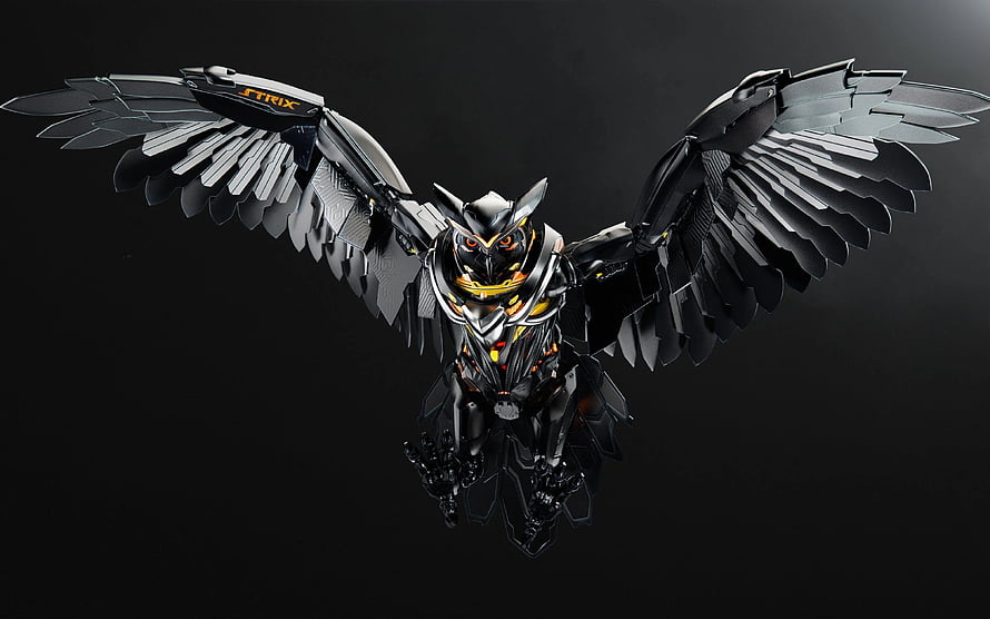 Asus ROG Strix Mechanical Owl with Spread Wings and Glowing Orange Accents HD wallpaper