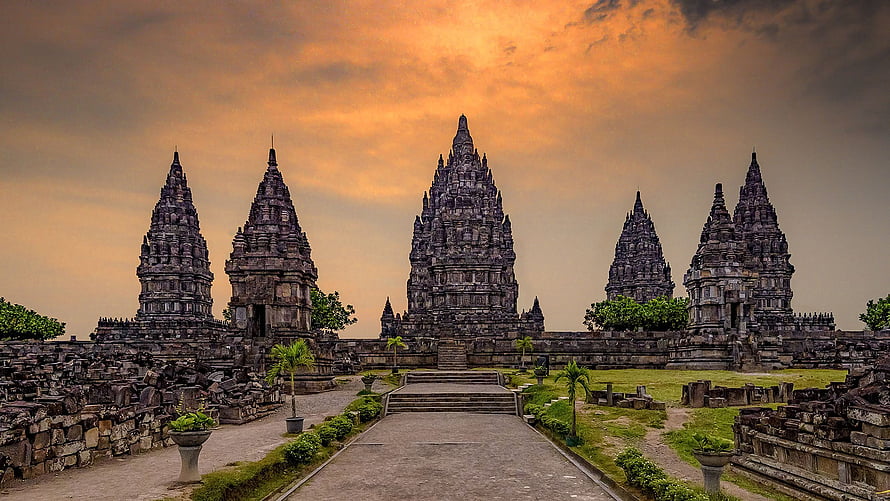 Prambanan Temple Complex at Golden Hour in Yogyakarta, Indonesia HD wallpaper