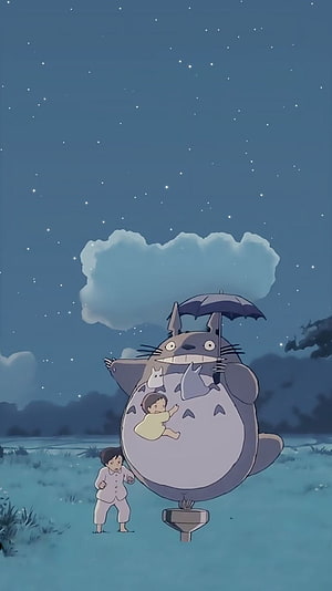 My Neighbor Totoro Night Scene with Satsuki and Mei Under Starry Sky HD phone wallpaper