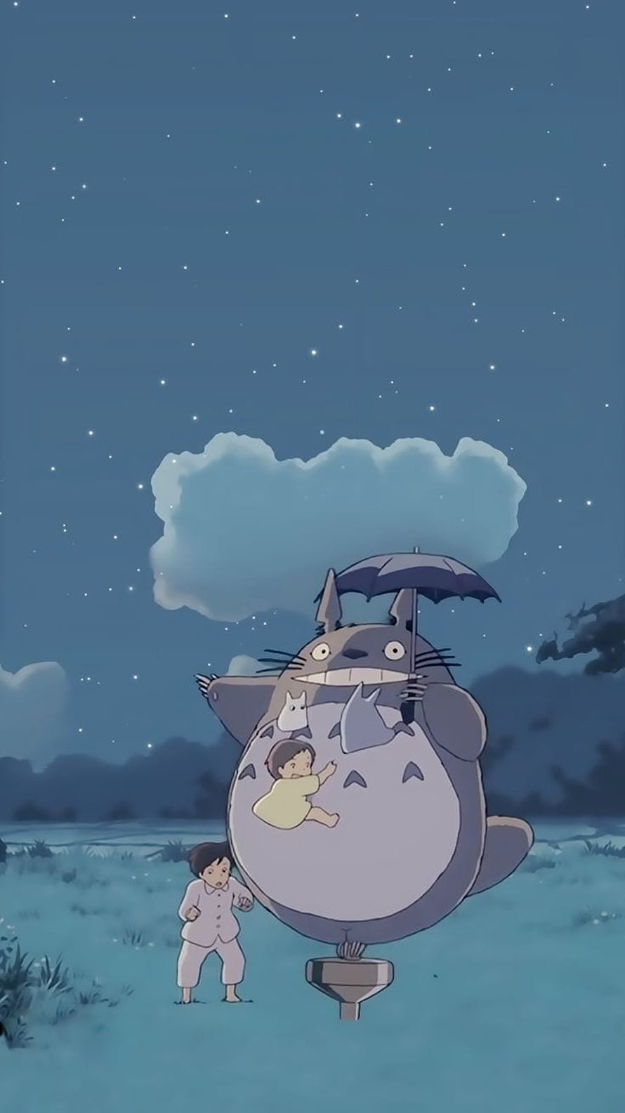 My Neighbor Totoro Night Scene with Satsuki and Mei Under Starry Sky HD phone wallpaper