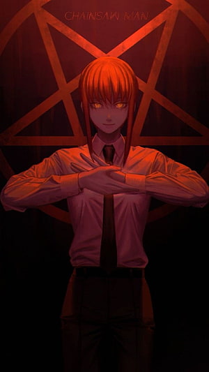 Chainsaw Man Makima Anime Character in Formal Attire with Red Geometric Background, Chainsaw Man Makima, makima HD phone wallpaper