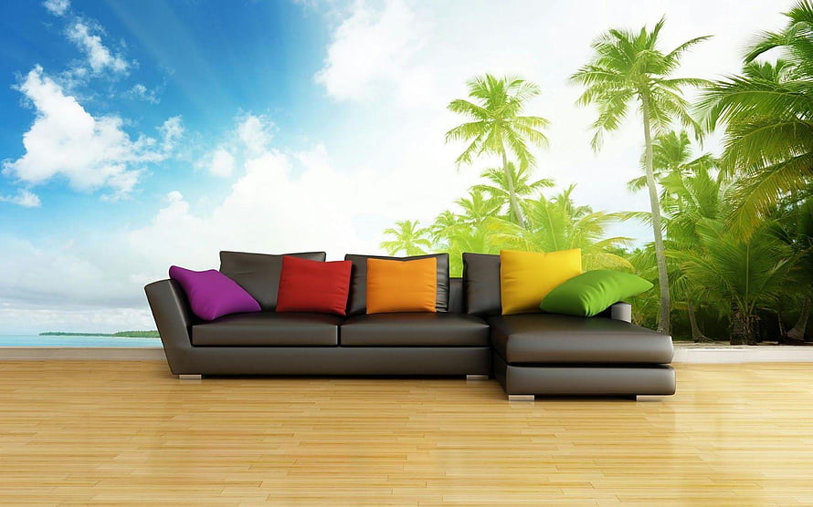 Modern brown leather sectional sofa with colorful cushions in a tropical living room with palm trees and ocean view HD wallpaper
