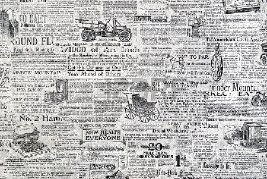 Vintage 1900s Newspaper Collage with Early Automobile and Product Advertisements HD wallpaper