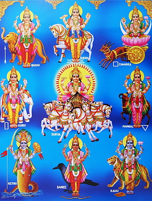 Navagraha Deities Illustration: Nine Hindu Planets with Vahanas on Blue Background HD phone wallpaper