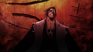 Kenpachi Zaraki from Bleach in a dark, gritty anime illustration with a red and black background HD wallpaper