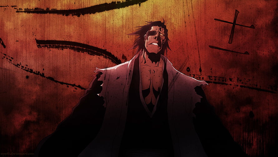 Kenpachi Zaraki from Bleach in a dark, gritty anime illustration with a red and black background HD wallpaper