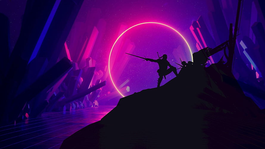 Neon Purple Warrior Silhouette in Crystal Cavern with Glowing Ring HD wallpaper