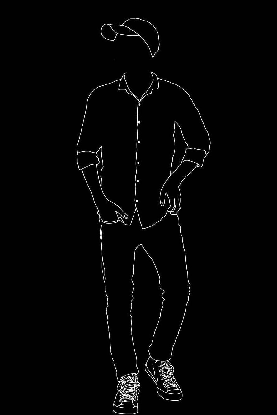 Minimalist White Line Art of a Man in a Cap and Button-Down Shirt on Black Background, Alone boy by ashsanle, black attitude HD phone wallpaper