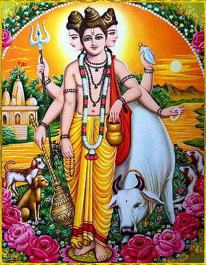 Dattatreya Tri-Mukhi Deity with White Bull and Dogs in Vibrant Indian Temple Art HD phone wallpaper