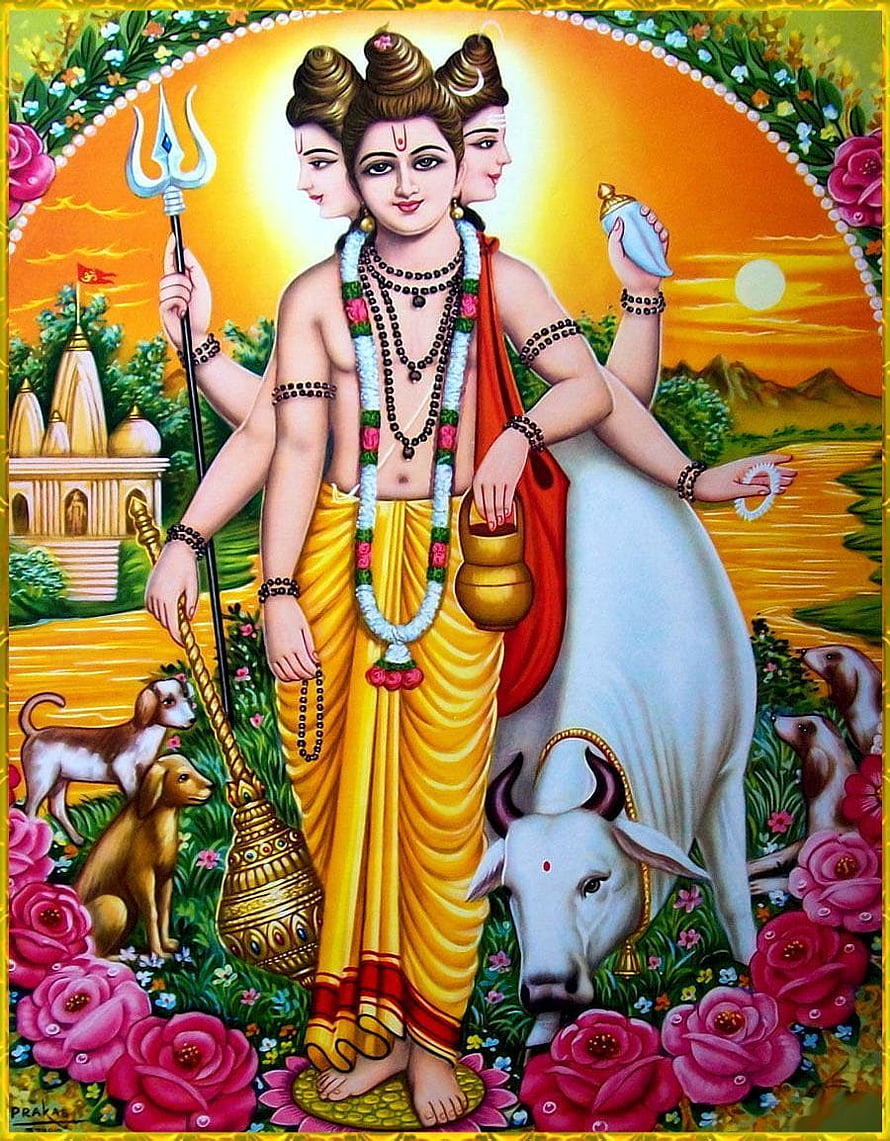 Dattatreya Tri-Mukhi Deity with White Bull and Dogs in Vibrant Indian Temple Art HD phone wallpaper