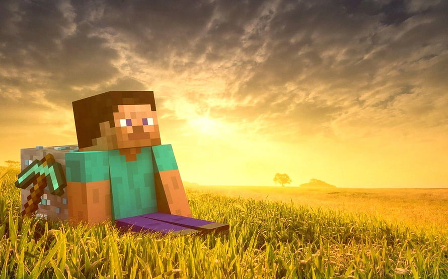 Minecraft Steve Sitting in a Golden Grass Field at Sunset with Diamond Pickaxe HD wallpaper