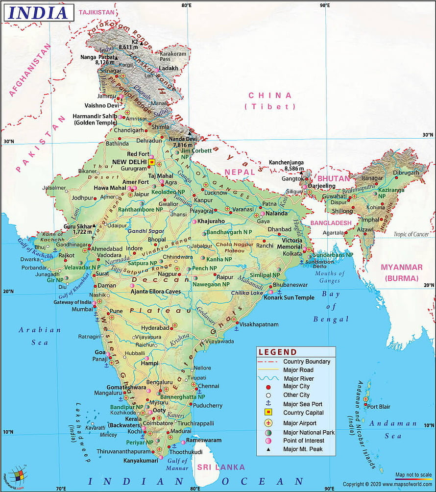 Detailed Physical Map of India Showing Major Cities, Rivers, and Mountain Ranges HD phone wallpaper