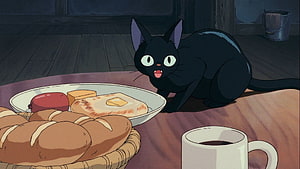 Jiji the Black Cat from Kiki's Delivery Service at a Breakfast Table HD wallpaper