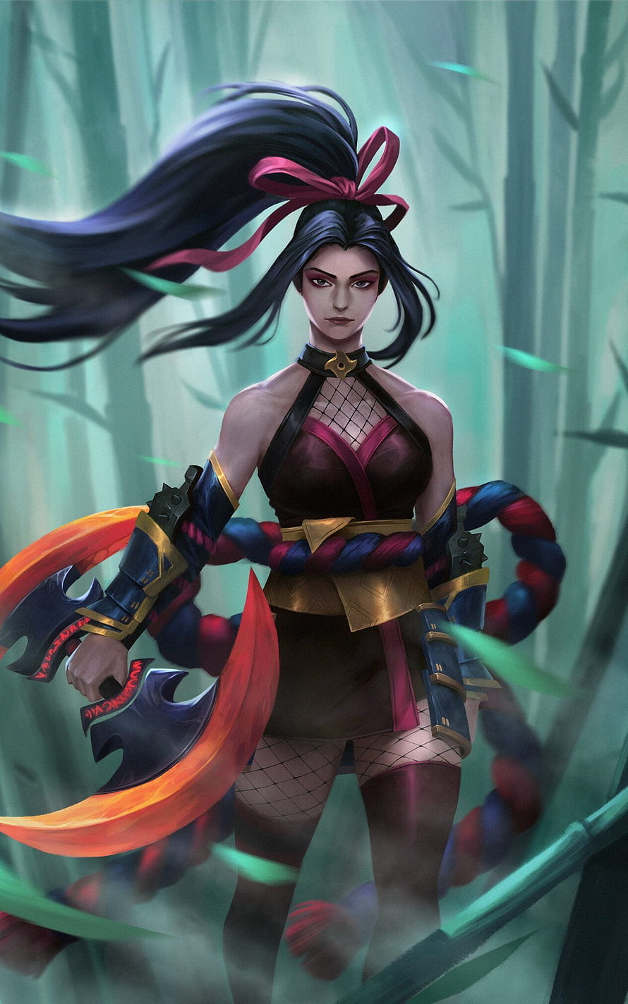 Hanabi from Mobile Legends Battlegrounds wielding dual blades in a misty bamboo forest HD phone wallpaper