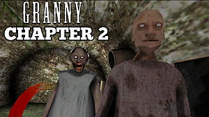 Granny Chapter 2 Horror Game Screenshot Featuring Two Creepy Characters in a Dark Cave Setting HD wallpaper