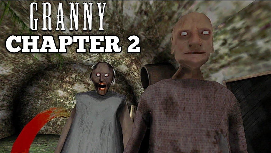 Granny Chapter 2 Horror Game Screenshot Featuring Two Creepy Characters in a Dark Cave Setting HD wallpaper