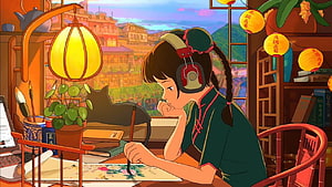 Anime Girl Painting with Headphones in a Cozy Chinese Room with Cat and Lanterns HD wallpaper