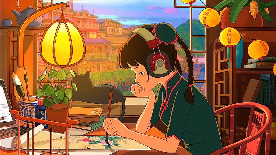 Anime Girl Painting with Headphones in a Cozy Chinese Room with Cat and Lanterns HD wallpaper
